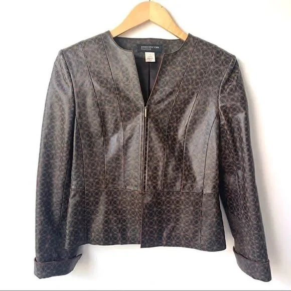 Leather Geometric Dark Brown Fitted Jacket - Picture 6 of 14